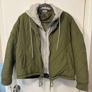 Olive Green Quilted Jacket with Gray Hoodie